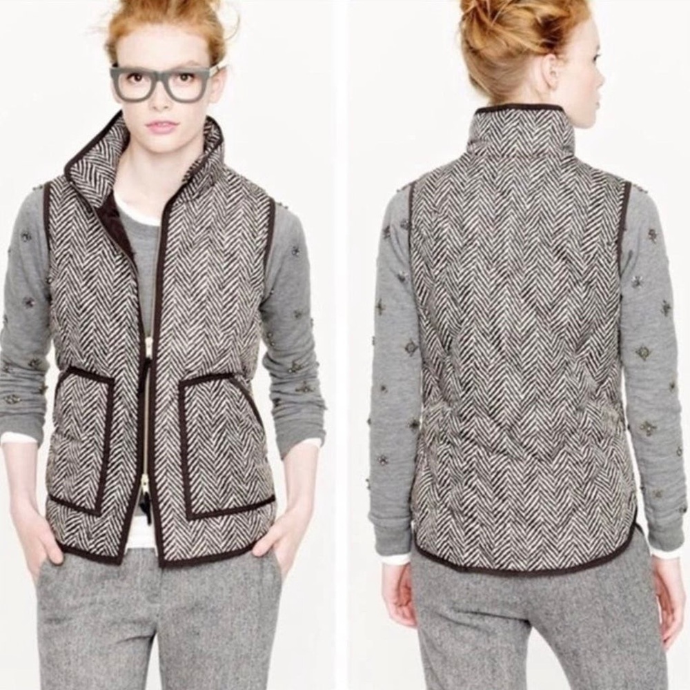 J. CREW Black Beige Quilted Down Puffer Vest Excursion Herringbone | Size XS